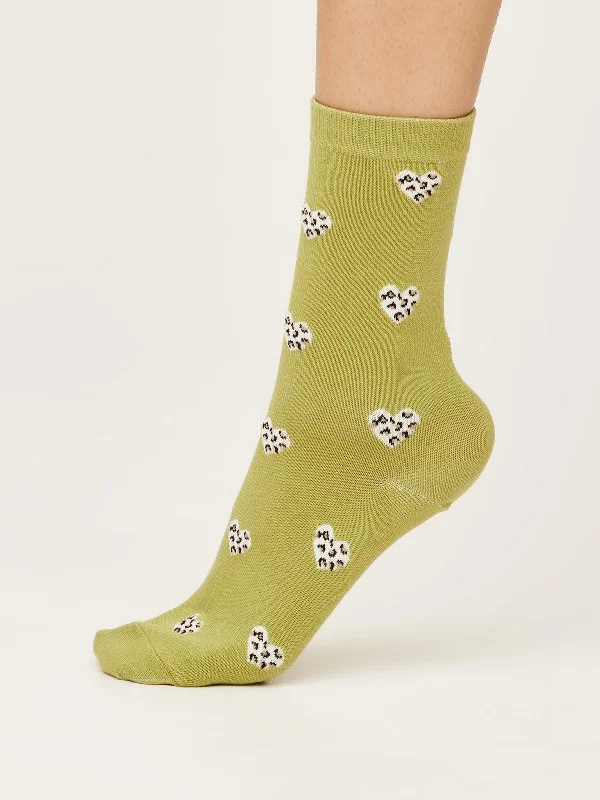 Leopard Heart Socks - Pea Green